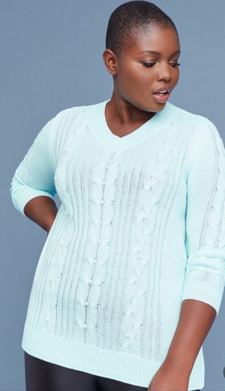 Lane Bryant Sweater 14/16 Mint Green With Pearls V-Neck EUC